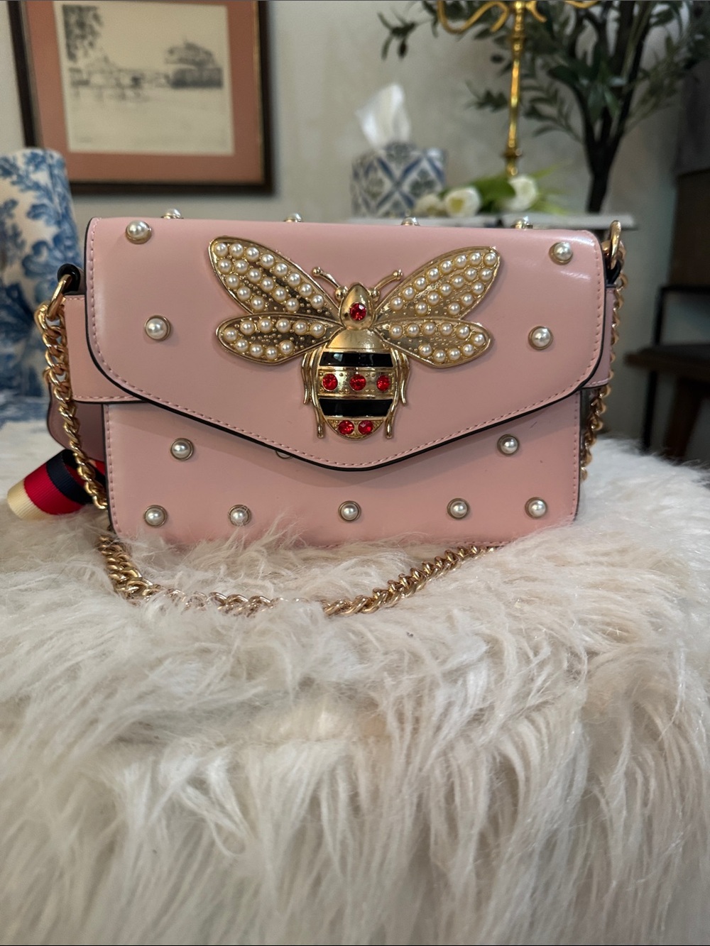 Pink Pearl-Embellished Bee Crossbody Bag